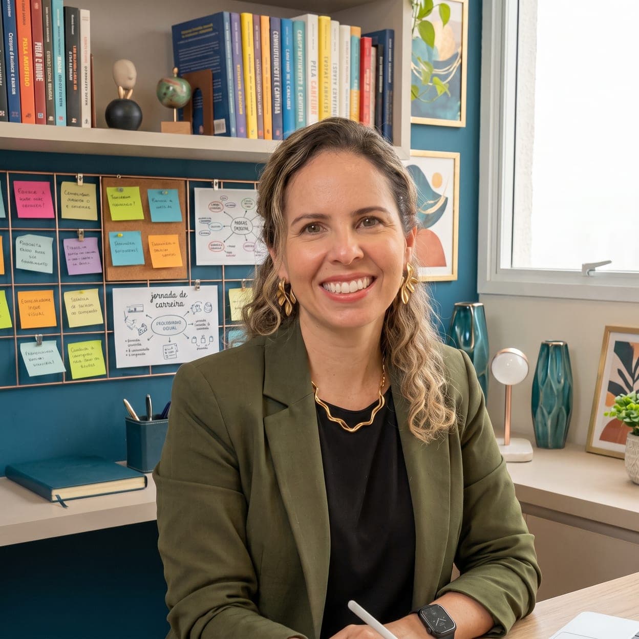 Lorena Coelho no escritório do Carreira GPS, sorrindo à mesa, com uma estante de livros, um quadro de post-its e um mapa de jornada de carreira ao fundo, e uma janela ao lado